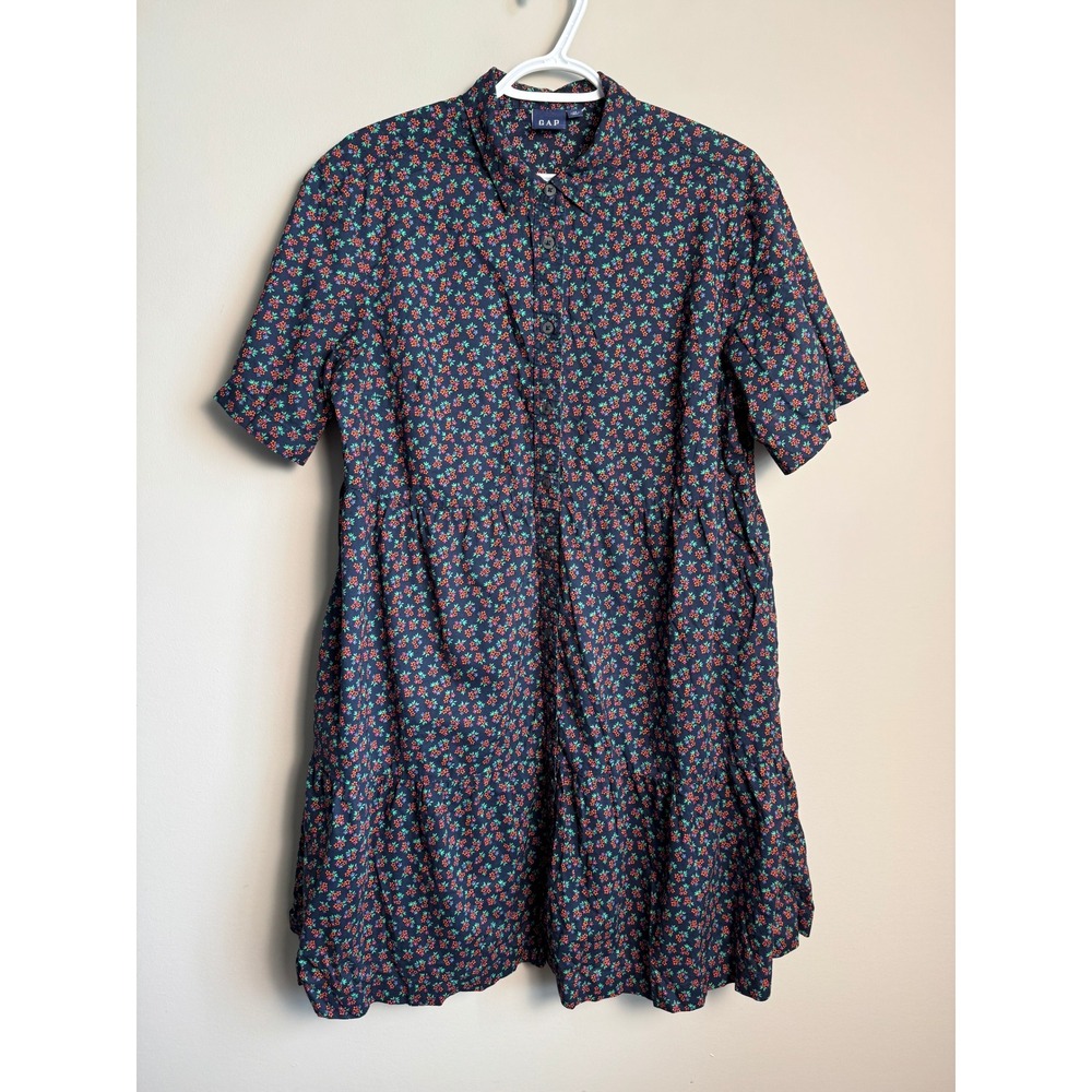 Gap Womens Navy Blue Floral Tiered Mini Dress L Boho Cottagecore Summer